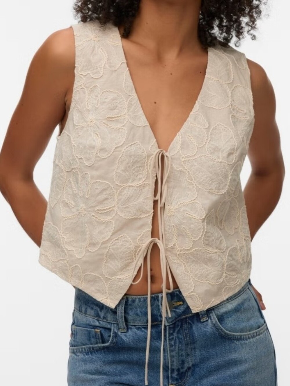 Vero Moda Cream Embroidered Tie-Front Crop Vest